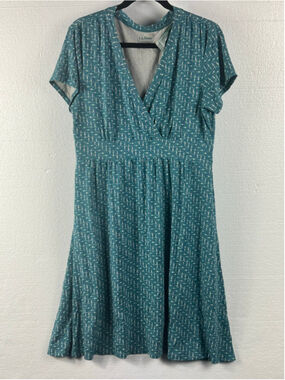 L.L.Bean Slate Teal Geometric Print Summer Knit Wrap Dress size Large Pet